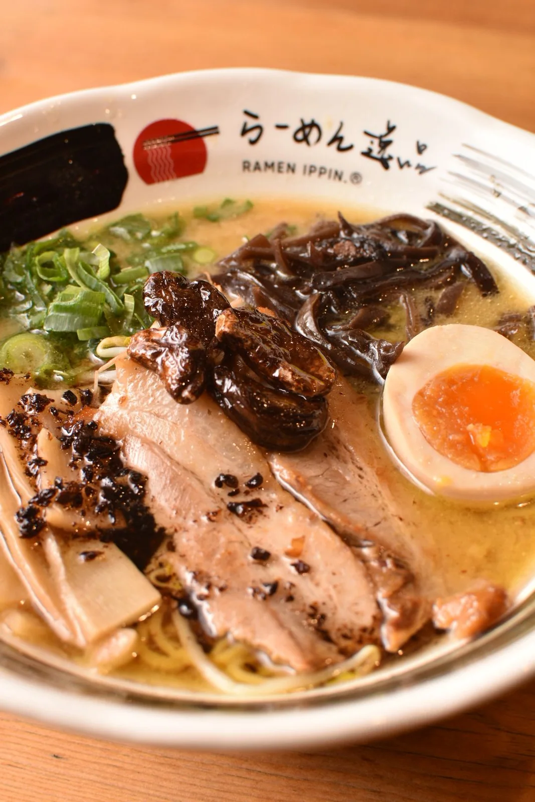 Close-up of a tonkotsu ramen bowl